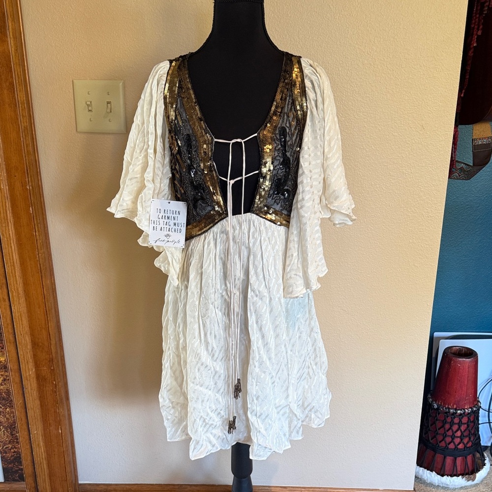Free People White and Gold Mini Dress